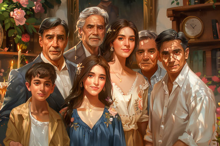 Traditional Family Gathering Depicted in Elegant Oil Painting Style with Warm Tones and Vintage Aesthetic AI Generativeの素材