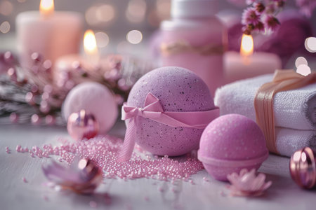 Serene Spa Day Setting with Pink Bath Bombs, Luxurious Towels, Candles, and Cherry Blossoms AI Generativeの素材