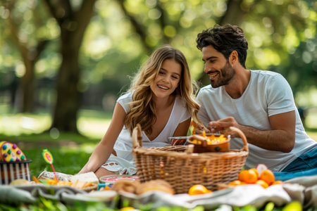 Happy Young Couple Enjoying a Summer Picnic in a Lush Green Park with a Basket Full of Food and Fruits AI Generativeの素材