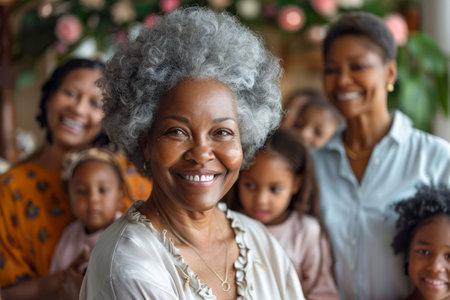 Happy Multi Generational Family Gathering With Smiling Senior Woman In Focus Enjoying Time Together Indoors AI Generativeの素材