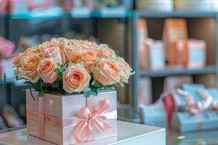 Elegant Peach Roses Arrangement in a Gift Box with Bow Inside a Cozy Interior Decor Shop AI Generativeの素材
