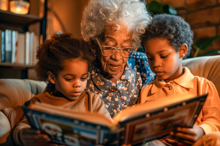 Elderly Grandmother Reading a Storybook to Her Two Young Grandchildren at Home on a Cozy Evening AI Generativeの素材