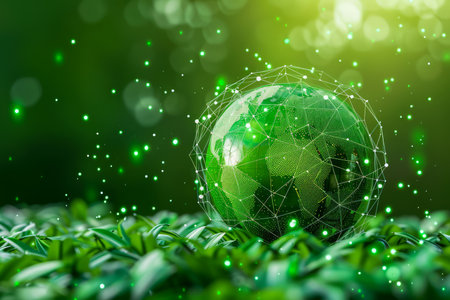 Green Network Globe on Nature Background, Global Communication Concept, Environmental Technology AI Generativeの素材