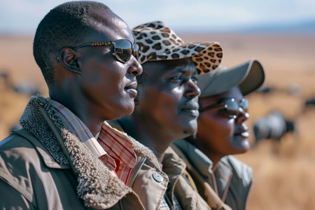 Group of African Safari Guides Observing Wildlife in Vast Plains Under Clear Blue Sky, Surveying the Natural Landscape with Binoculars AI Generativeの素材
