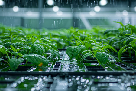 Lush Green Saplings Flourishing Under Raindrops in a High Tech Hydroponic Farm Greenhouse AI Generativeの素材