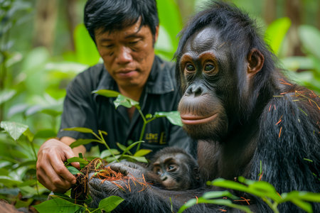 Wildlife Conservationist Gently Interacting with Orangutan Mother and Baby in Lush Rainforest Habitat AI Generativeの素材
