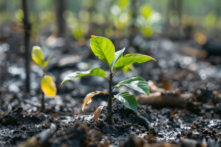 Young Green Plant Sprouting From Rich Soil in a Forest, Symbolizing New Life, Growth and Environmental Recovery AI Generativeの素材