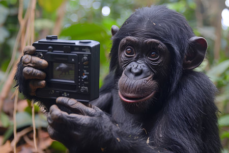 Young Chimpanzee Holding Digital Camera in Lush Green Forest Setting Demonstrating Human Like Curiosity and Intelligence AI Generativeの素材
