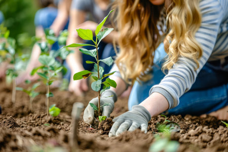 Volunteer Group Engaged in Tree Planting Activity, Hands Planting Sapling in Soil, Community Environmental Conservation, Outdoor Nature Care Event, People Working Together in Garden AI Generativeの素材