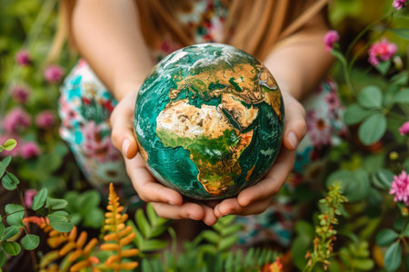Holding a Painted Globe in Blooming Nature Concept of Environmental Conservation, World Ecology, and Sustainable Living AI Generativeの素材