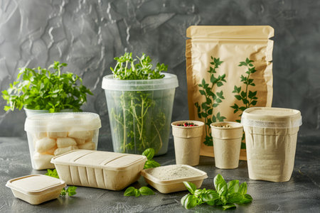 Eco Friendly Biodegradable Packaging with Fresh Herbs and Sustainable Food Containers on a Gray Background AI Generativeの素材