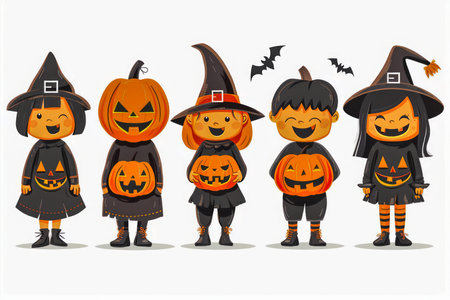Cheerful Cartoon Children Dressed in Halloween Costumes with Pumpkins and Bats Illustration AI Generativeの素材