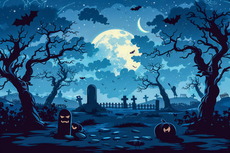 Enchanting Halloween Night Landscape with Full Moon, Spooky Trees, and Pumpkins AI Generativeの素材