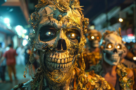 Enigmatic Skull Painted Faces Emerge in Night Festivities, Exquisite Corpse Makeup Close Up, Cultural Street Celebration with Creepy Twist AI Generativeの素材