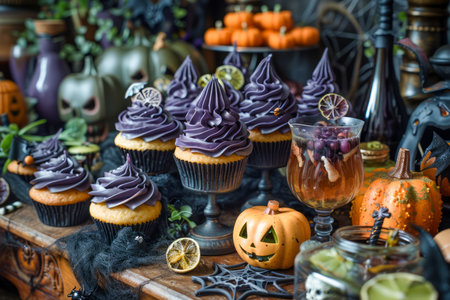 Spooky Halloween Cupcake Arrangement with Pumpkin Decorations and Festive Beverages on Rustic Tabletop AI Generativeの素材