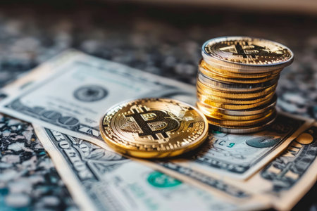 Gold Bitcoin Coins Stacked on US Dollar Bills on a Dark Surface Cryptocurrency and Traditional Money Concept AI Generativeの素材