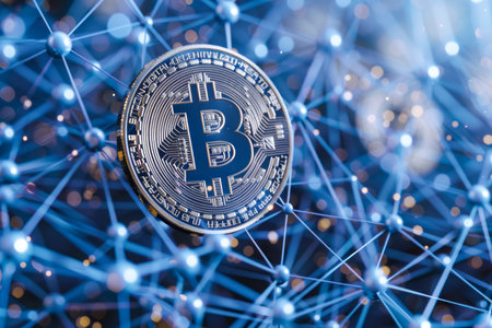Shiny Bitcoin Coin Centered on Digital Network Background Symbolizing Cryptocurrency and Blockchain Technology AI Generativeの素材