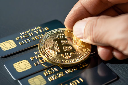 Hand Holding Golden Bitcoin Over Credit Cards, Concept of Modern Investment and Cryptocurrency AI Generativeの素材