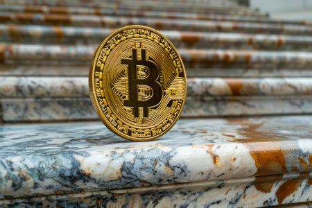 Golden Bitcoin Cryptocurrency on Marble Steps Representation of Digital Currency Concept and Blockchain Technology AI Generativeの素材