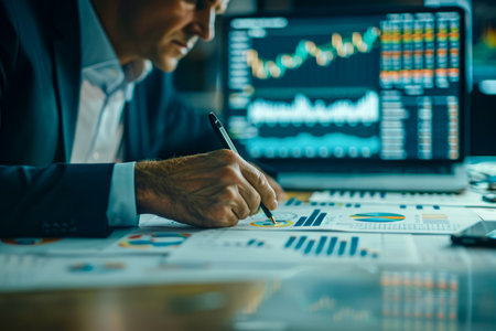 Professional Businessman Analyzing Financial Statistics with Charts and Graphs During Nighttime Office Hours AI Generativeの素材