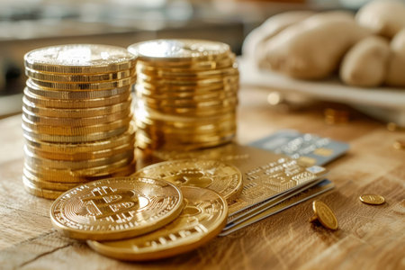 Golden Bitcoin Cryptocurrency with Stacks of Coins and Debit Cards on Wooden Table AI Generativeの素材