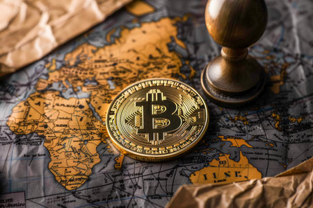Golden Bitcoin Coin on World Map Background with Vintage Hourglass, Concept of Cryptocurrency Time Relevance AI Generativeの素材