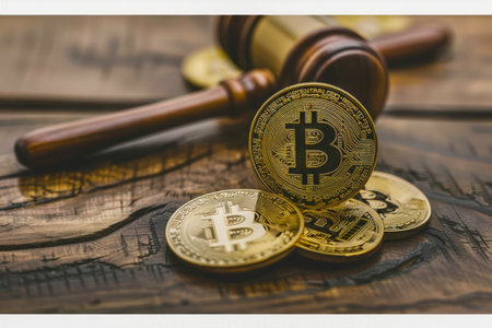 Legal Concept with Gavel and Cryptocurrency Coins on Wooden Background AI Generativeの素材