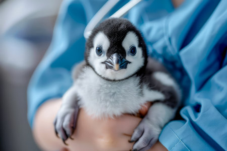 Adorable Baby Penguin Cuddled Gently in Human Hands with Blue Fabric Background, Wildlife Conservation Concept AI Generativeの素材