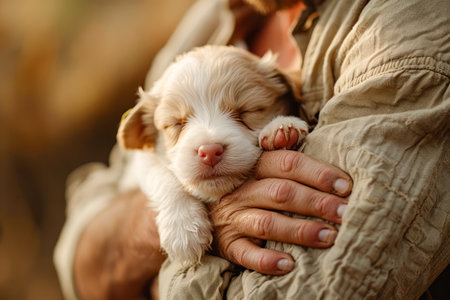 Close up of Adorable Sleepy Puppy Being Held Gently by a Person in Warm Outdoor Light AI Generativeの素材