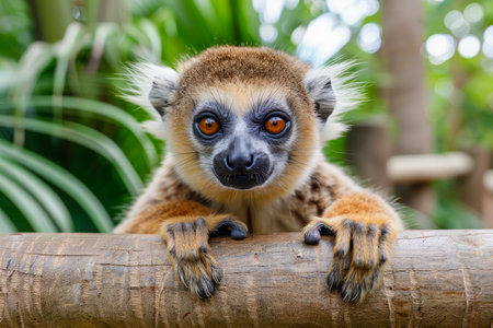 Captivating Close Up of a Brown Lemur with Piercing Orange Eyes Perched Atop a Wooden Beam in a Lush Green Habitat Exotic Wildlife Photography AI Generativeの素材