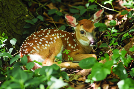 Adorable Fawn Resting in a Lush Green Forest under Soft Light, Spotted Baby Deer in Natural Habitat AI Generativeの素材