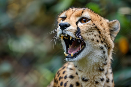 Close up Portrait of a Majestic Cheetah with Mouth Open, Displaying Teeth in a Natural Habitat AI Generativeの素材