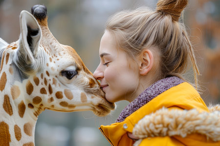 Young Woman in Yellow Jacket Affectionately Interacting with a Giraffe at a Wildlife Park AI Generativeの素材