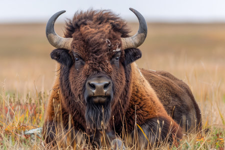 Majestic American Bison Resting in a Natural Prairie Grassland Habitat AI Generativeの素材
