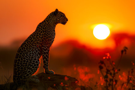 Majestic Leopard Silhouette Against a Fiery Sunset Sky in the African Savannah Landscape AI Generativeの素材