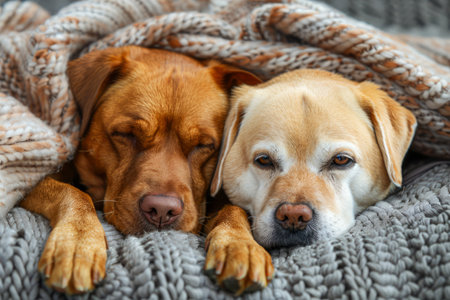 Two Affectionate Dogs Cuddling Under Cozy Blanket, Adorable Pet Friendship, Canine Companions at Rest AI Generativeの素材