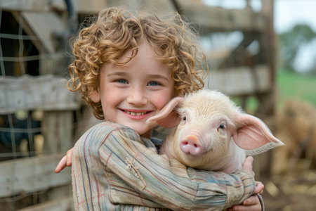 Cheerful Young Boy with Curly Hair Gently Holding a Cute Piglet on a Rustic Farm, Expressing Joy and Compassion towards Animals AI Generativeの素材