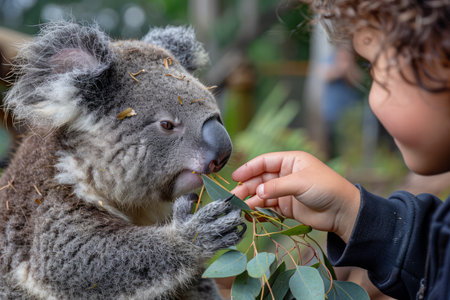 Child Interacting with Koala in Natural Habitat, Conservation and Wildlife Education Concept AI Generativeの素材