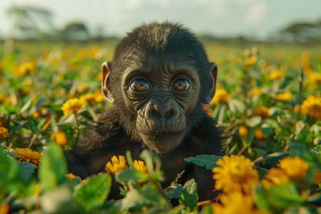 Adorable Baby Gorilla Exploring a Field of Yellow Dandelions Wildlife in Natural Habitat, Playful Primate Surrounded by Flowers AI Generativeの素材