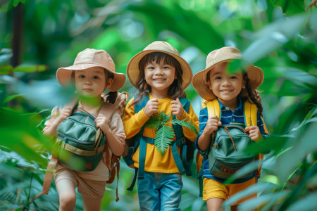 Three Happy Children in Nature Adventure with Backpacks Walking in a Lush Forest AI Generativeの素材