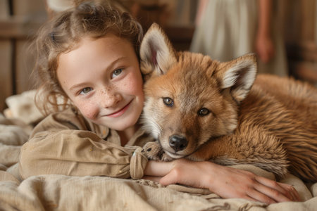 Young Girl Embracing Her Pet Fox Tenderly Inside a Cozy Rustic Home Setting AI Generativeの素材