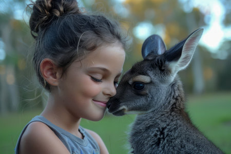Adorable Young Girl Interacting with a Gentle Baby Kangaroo in a Serene Outdoor Setting at Dusk AI Generativeの素材