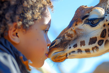 Tender Moment Between Child and Giraffe, Affectionate Interaction, Outdoor Wildlife Experience AI Generativeの素材