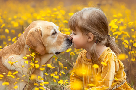 Young Girl in Yellow Dress and Golden Retriever Sharing Tender Moment in Blooming Yellow Flower Field AI Generativeの素材
