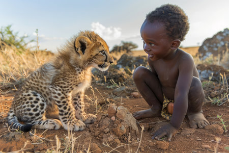 Tender Moment Between a Young Child and a Cheetah Cub in a Natural African Landscape AI Generativeの素材