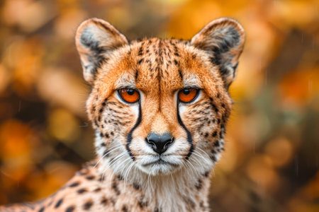 Majestic Cheetah Close up Portrait with Intense Gaze in Vibrant Autumn Environment AI Generativeの素材
