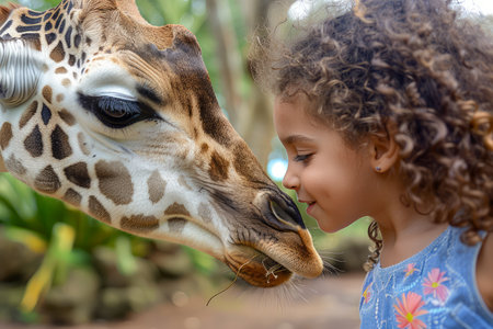 Young Girl with Curly Hair Gently Touching a Giraffe&#39;s Face at a Wildlife Park or Zoo AI Generativeの素材