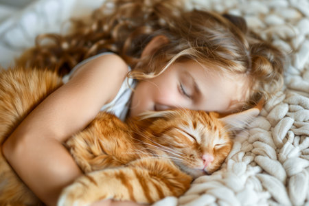 Peaceful Child Sleeping Blissfully With Adorable Ginger Cat on Soft Knitted Blanket AI Generativeの素材