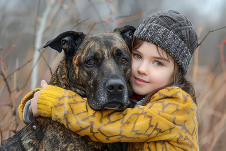 Young Girl in Warm Attire Embracing Her Loyal Brindle Dog in a Wintery Garden Scene AI Generativeの素材