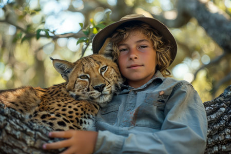 Young Boy in Safari Hat Embracing a Cheetah in Natural Wild Habitat, Friendship Between Human and Wild Animal AI Generativeの素材